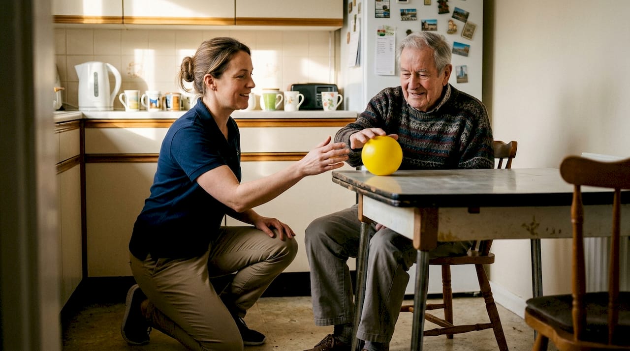 Eine Physiotherapeutin zeigt einer Seniorin, wie sie mit einer einfachen Übung am Küchentisch ihr Gleichgewicht trainieren kann.
