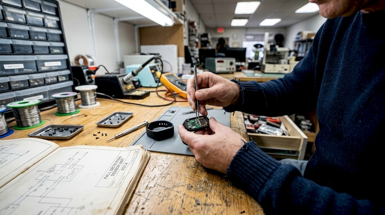 Technician assembling fall detection wristband