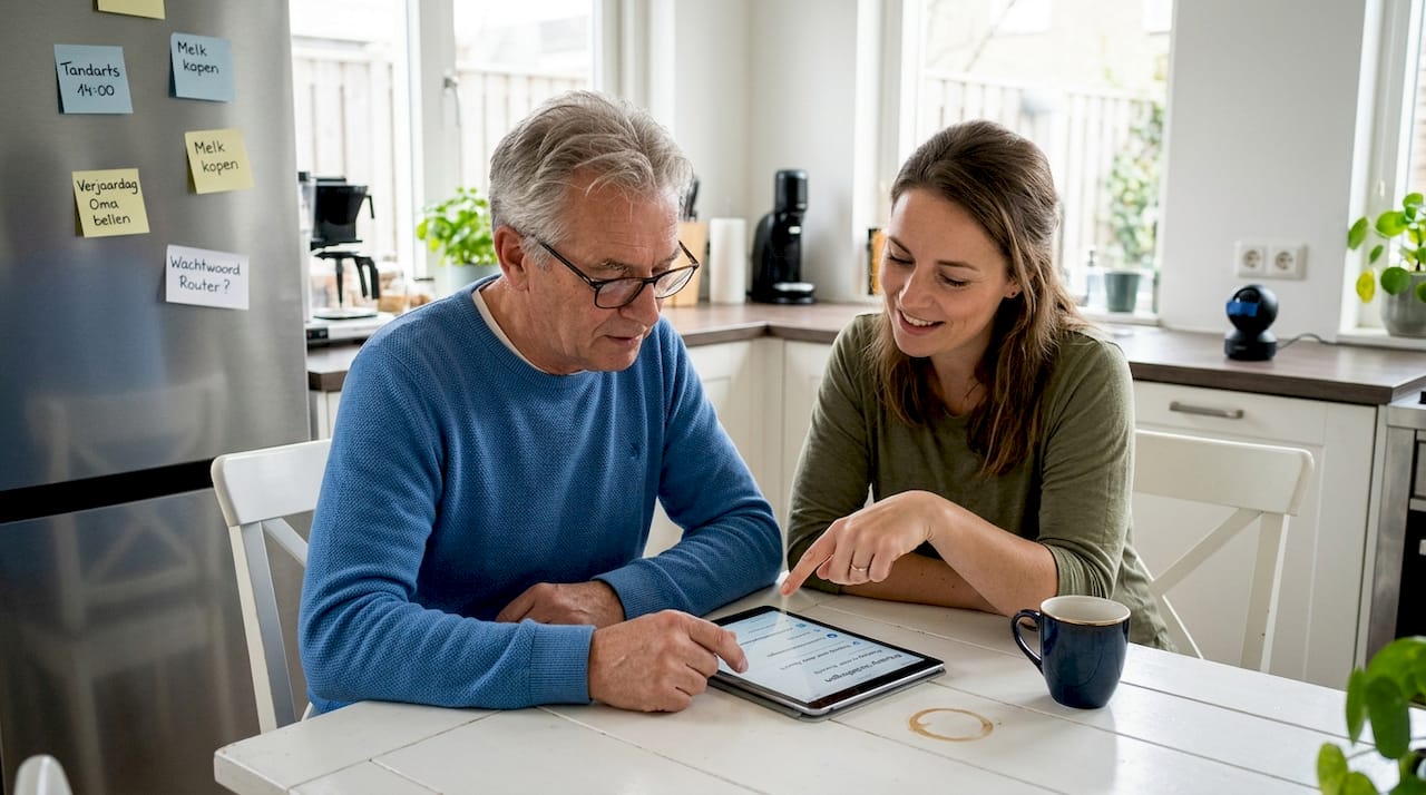 Het gezin neemt samen de privacy-instellingen van de camera door.