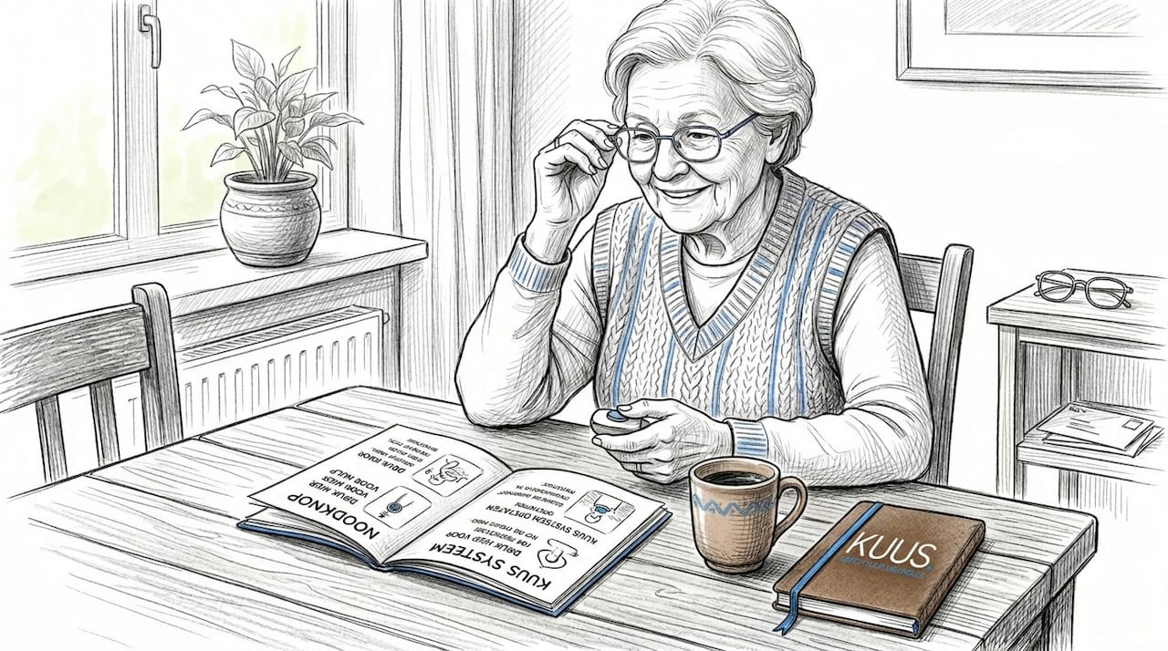 Een oudere dame drukt thuis op haar alarmknop voor noodgevallen.