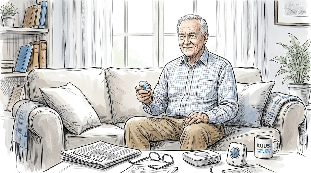 Elderly man using alarm button in living room