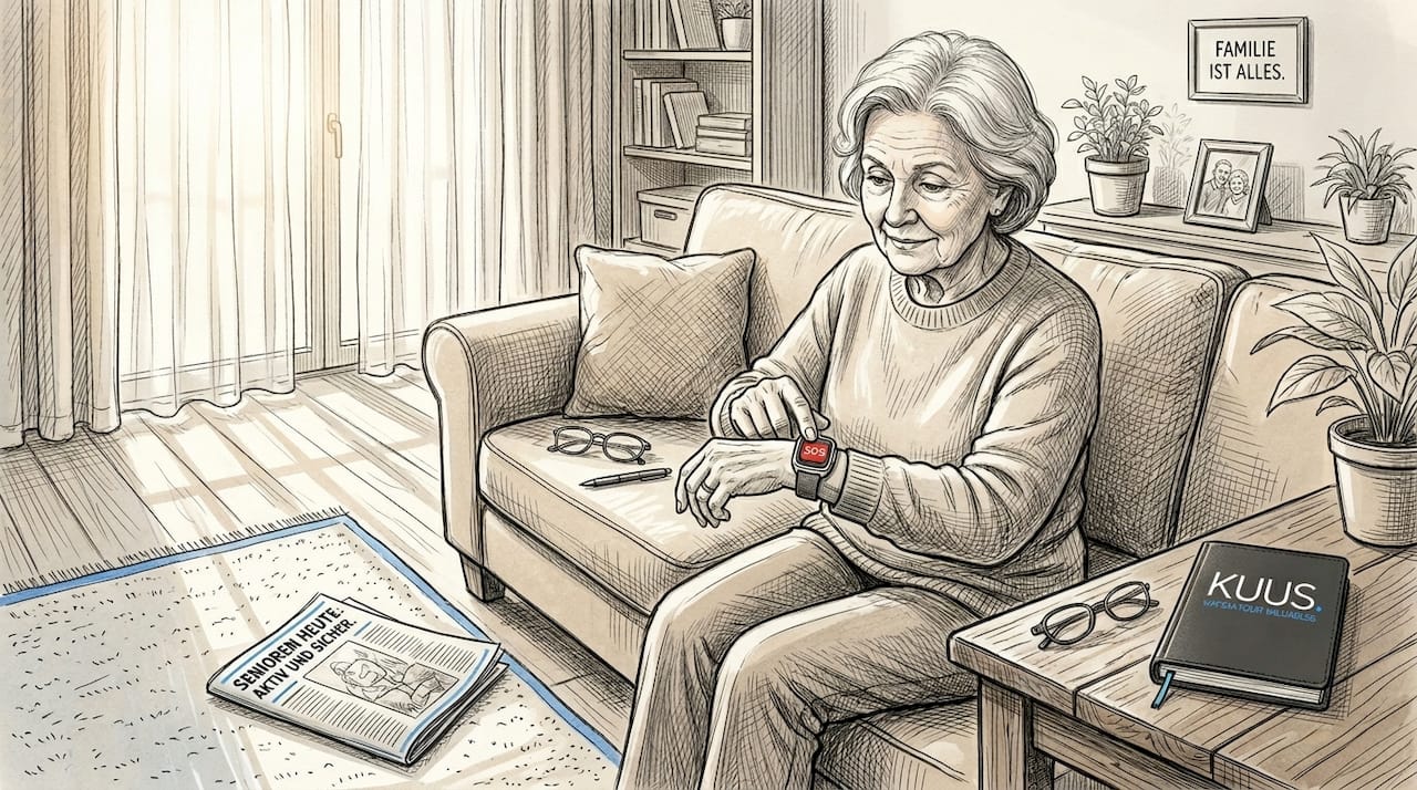 Eine Seniorin trägt ihre Notrufuhr und fühlt sich damit im Wohnzimmer sicher.