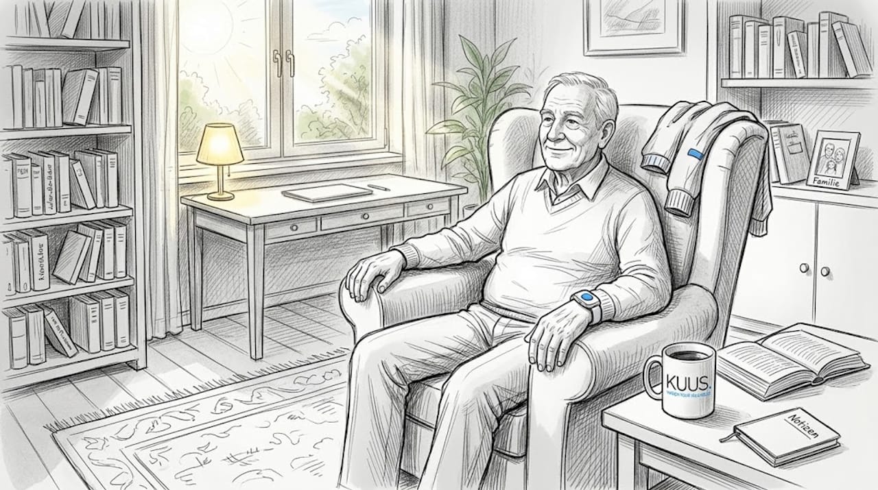 Ein älterer Herr sitzt im Wohnzimmer und trägt ein Notfallarmband am Handgelenk.