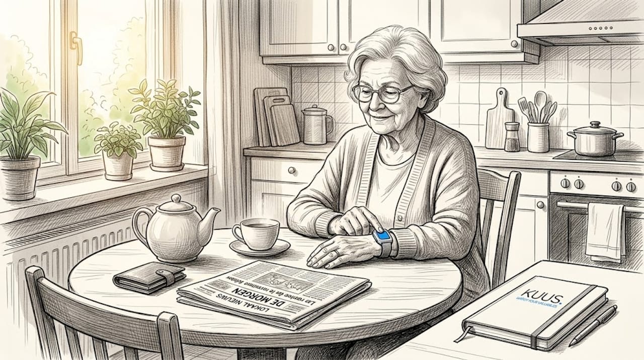 Een oudere dame zit aan de keukentafel met haar SOS-alarm om haar hals.