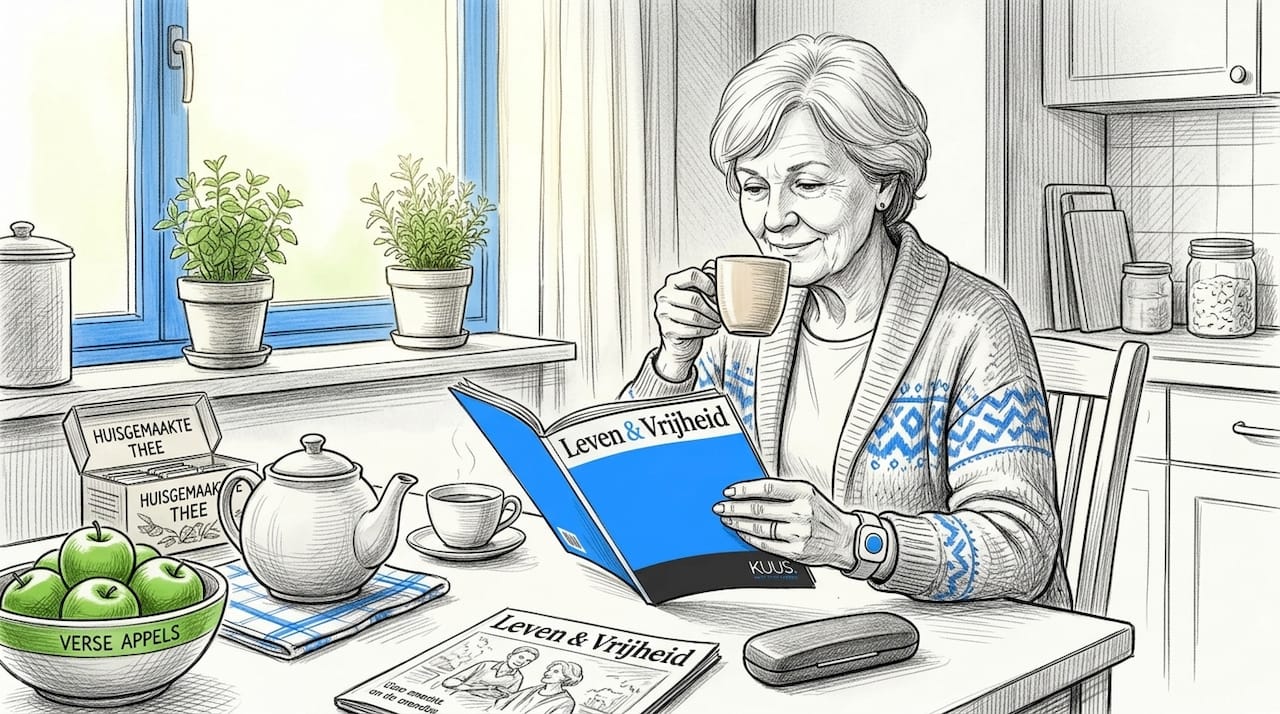 Een oudere dame zit aan de eettafel, haar pols voorzien van een alarmbandje.