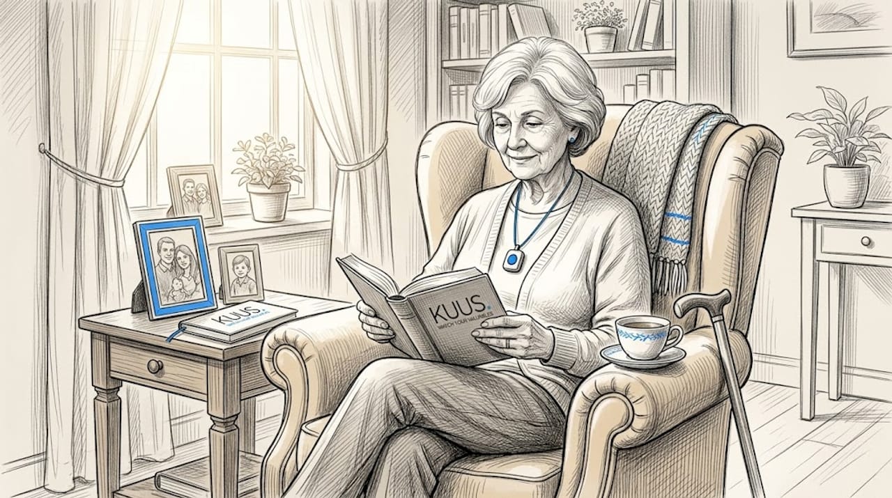 Senior woman reading with fall alarm in cozy living room