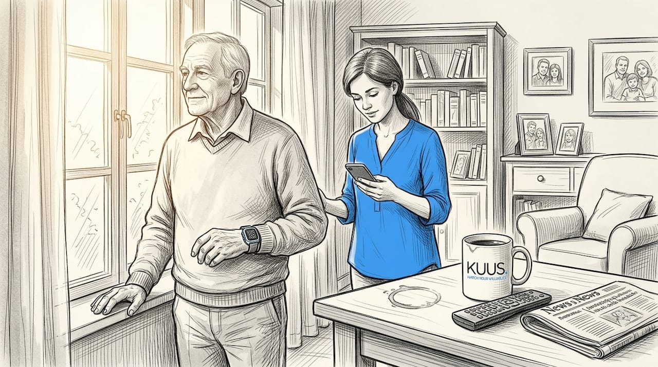 Senior with wearable tracker and caregiver using app
