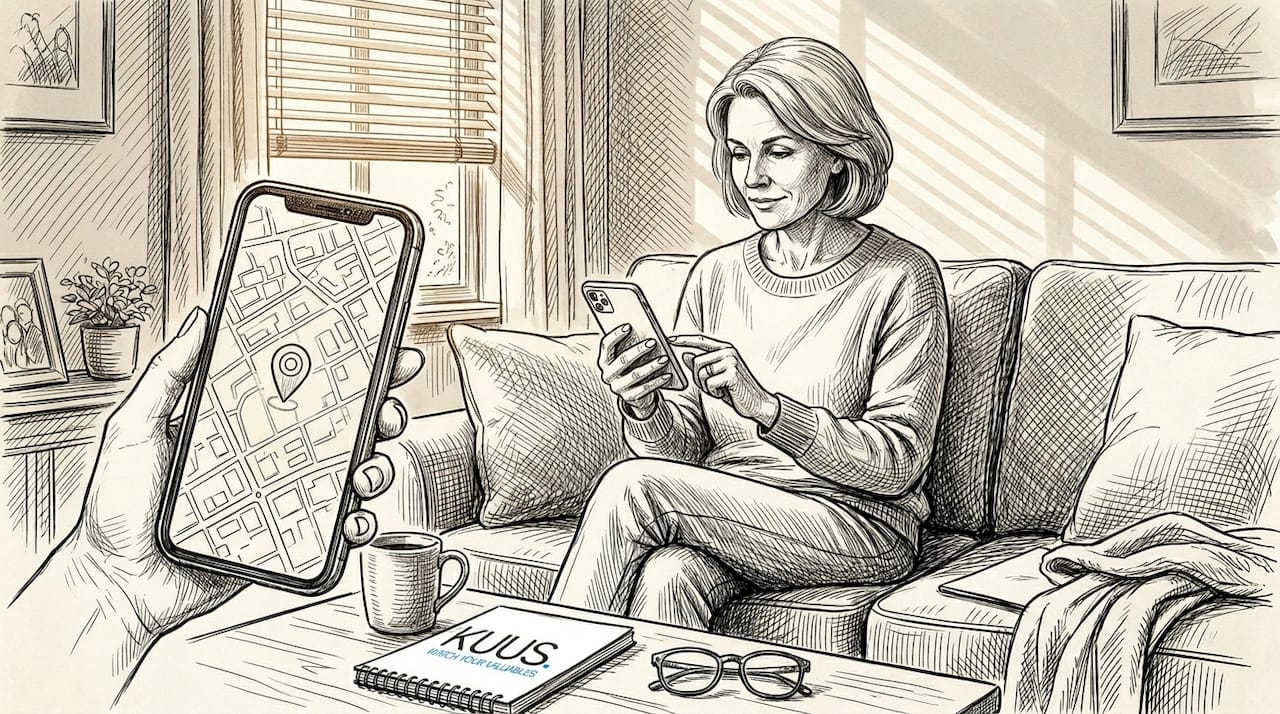 Caregiver checking smart location app at home
