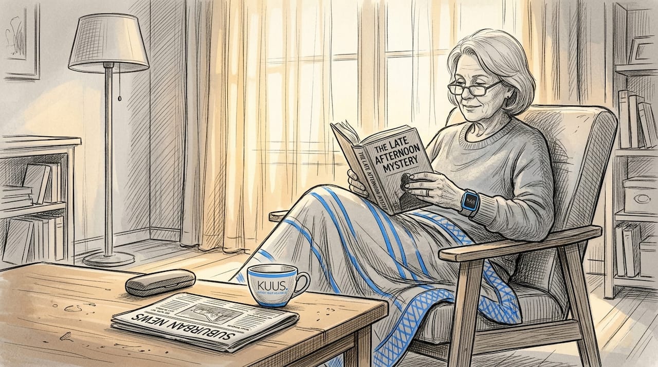 Senior woman reading, wearing SOS watch