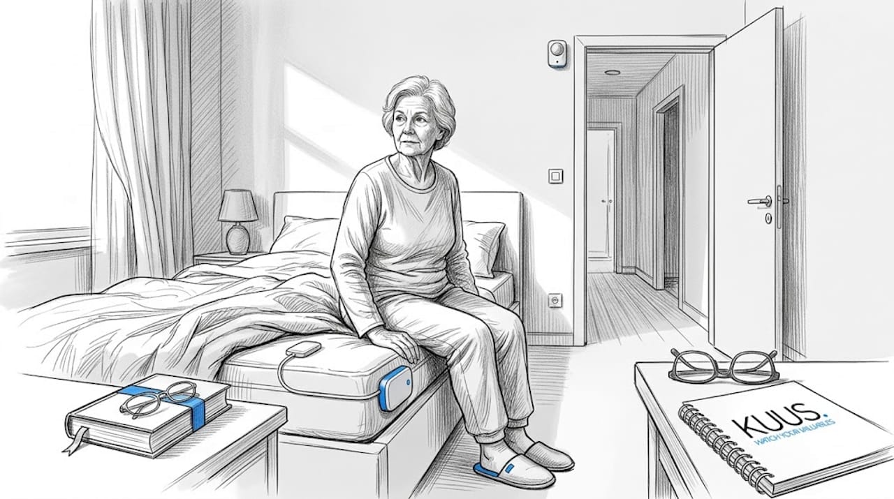 Een oudere dame in haar slaapkamer, waar verschillende sensoren haar welzijn in de gaten houden.