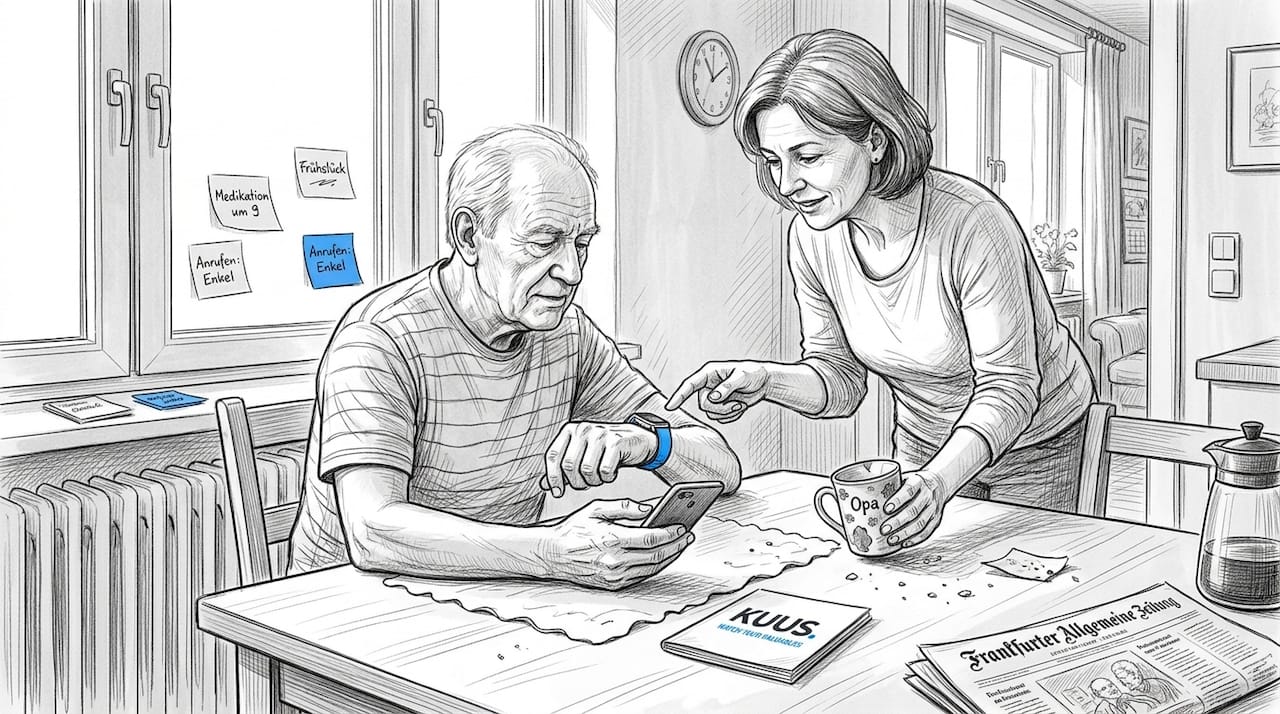 Am Wohnzimmertisch zeigt die Pflegekraft, wie die GPS-Uhr funktioniert, und erklärt geduldig alle wichtigen Einstellungen.