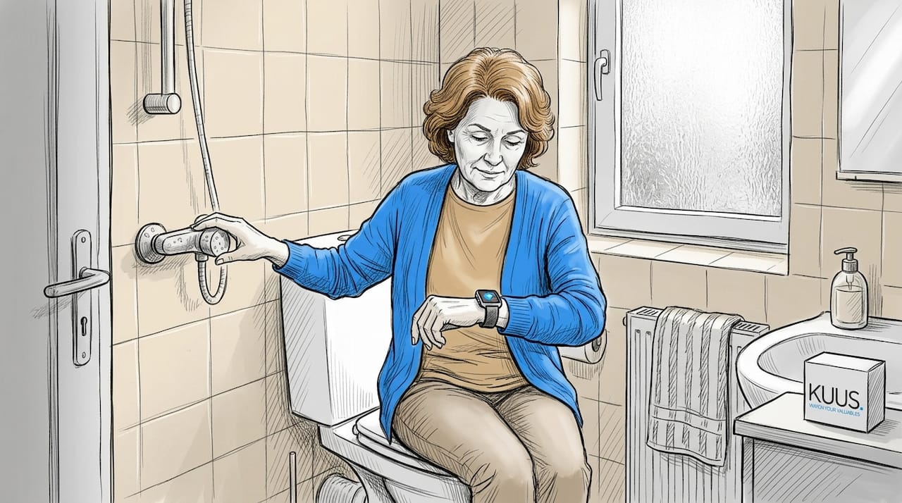 Senior woman checks waterproof smartwatch in bathroom