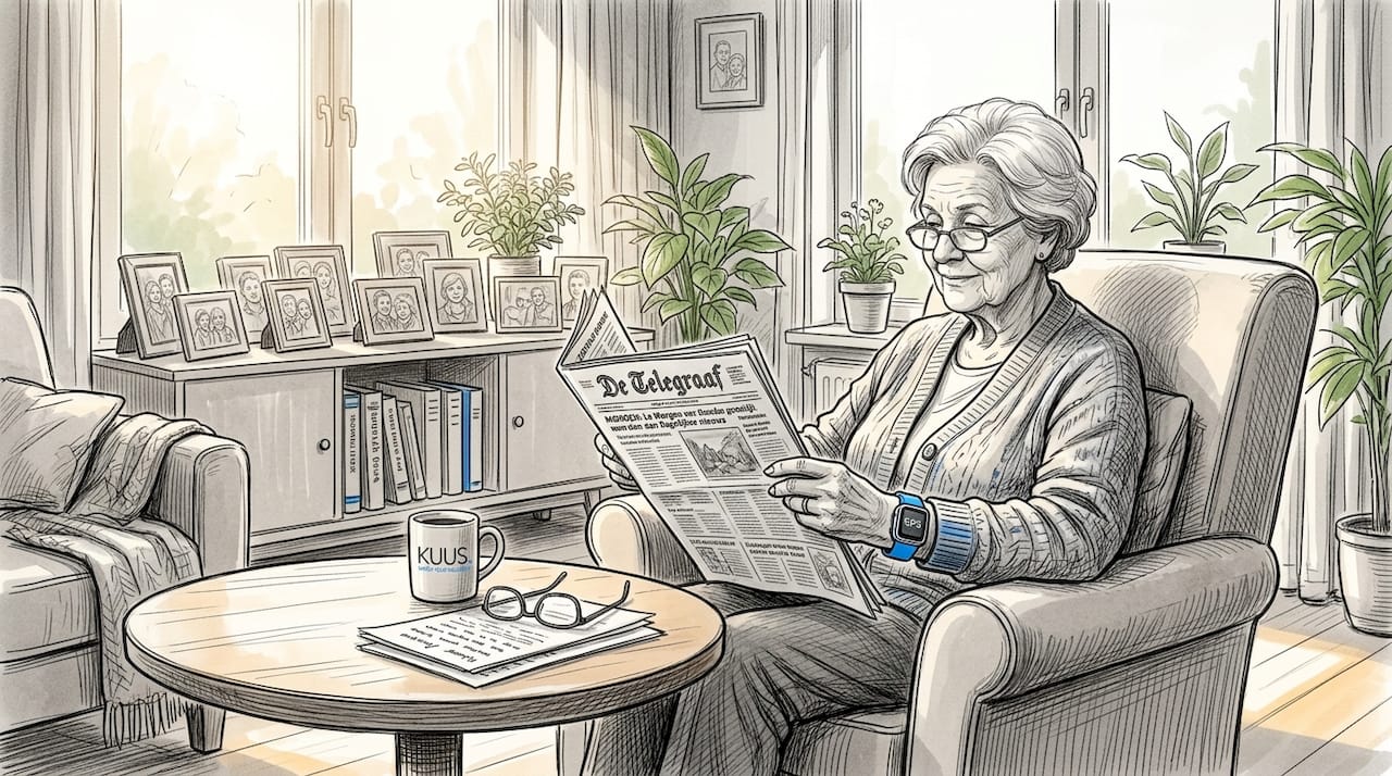 Een oudere vrouw zit in de woonkamer met een gps-horloge om haar pols.