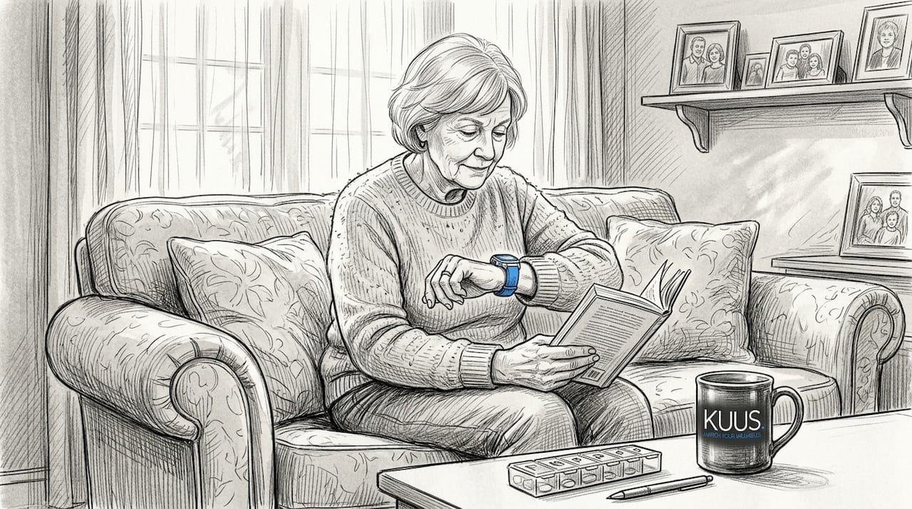 Senior woman adjusting emergency alert watch