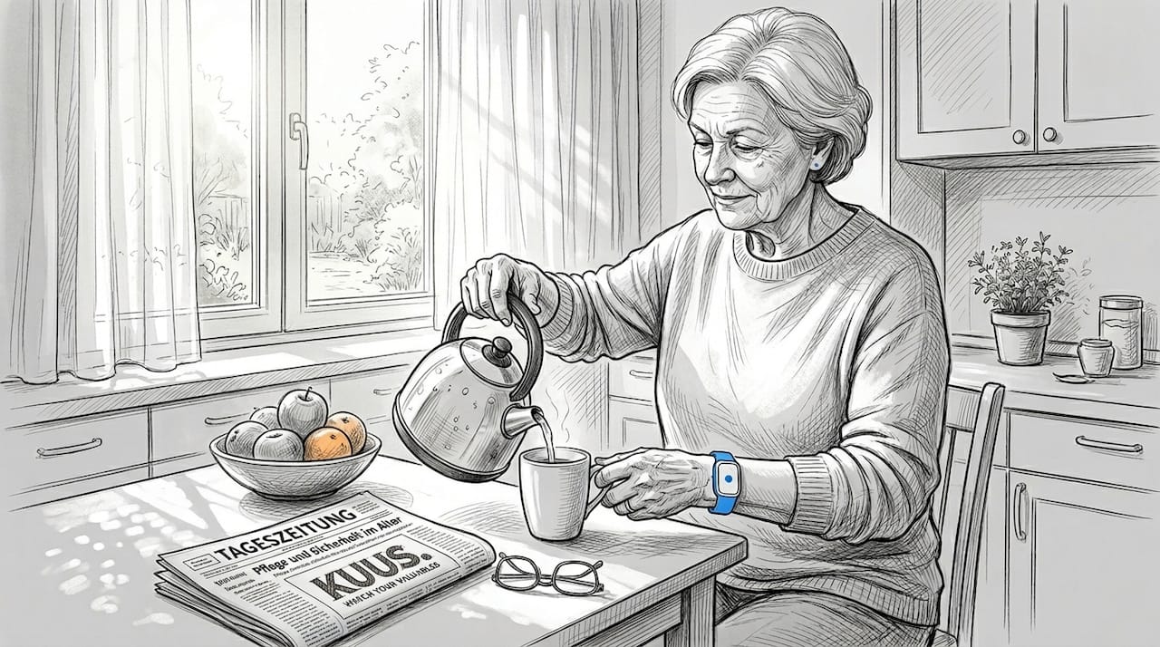 Eine ältere Dame nutzt in ihrer Küche einen Hausnotruf mit Sturzsensor.