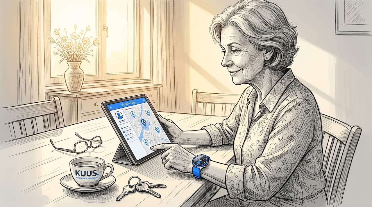 Een oudere vrouw zit thuis aan tafel, met een tablet voor zich en een slim horloge om haar pols.