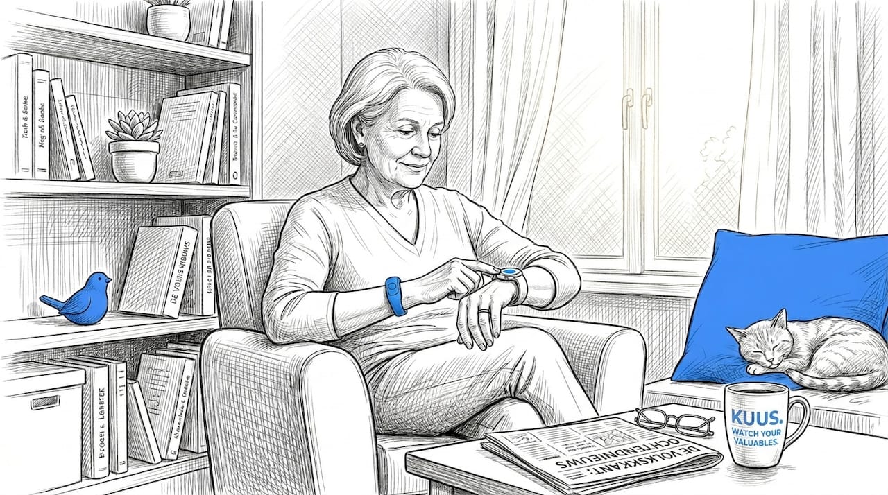 Een oudere dame bekijkt thuis haar smartwatch.