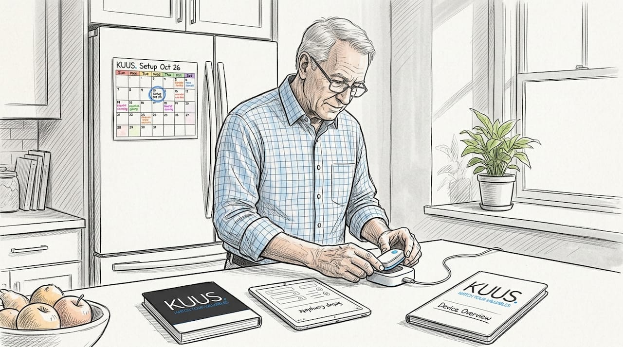 Senior checking fall device at kitchen counter