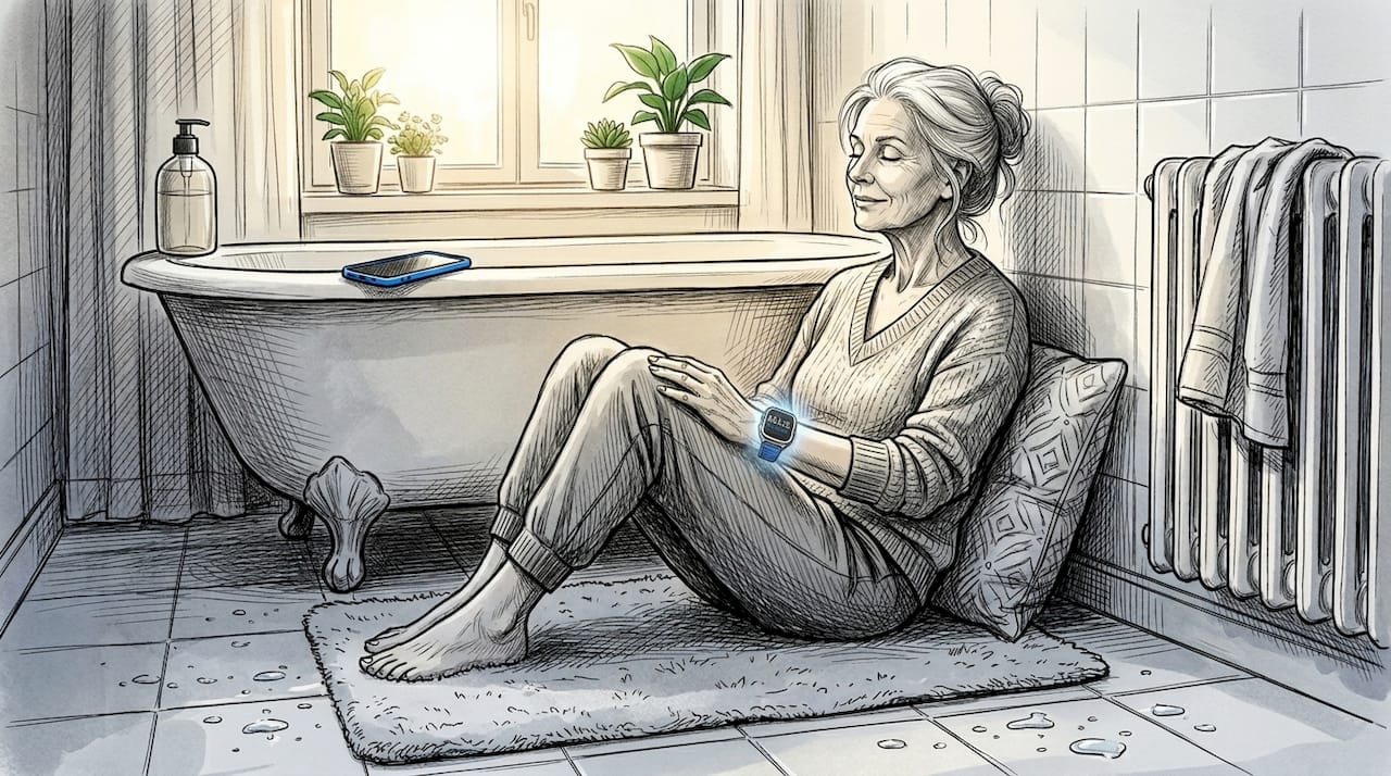 Een oudere vrouw ligt op de badkamervloer nadat haar smartwatch een val heeft geregistreerd.
