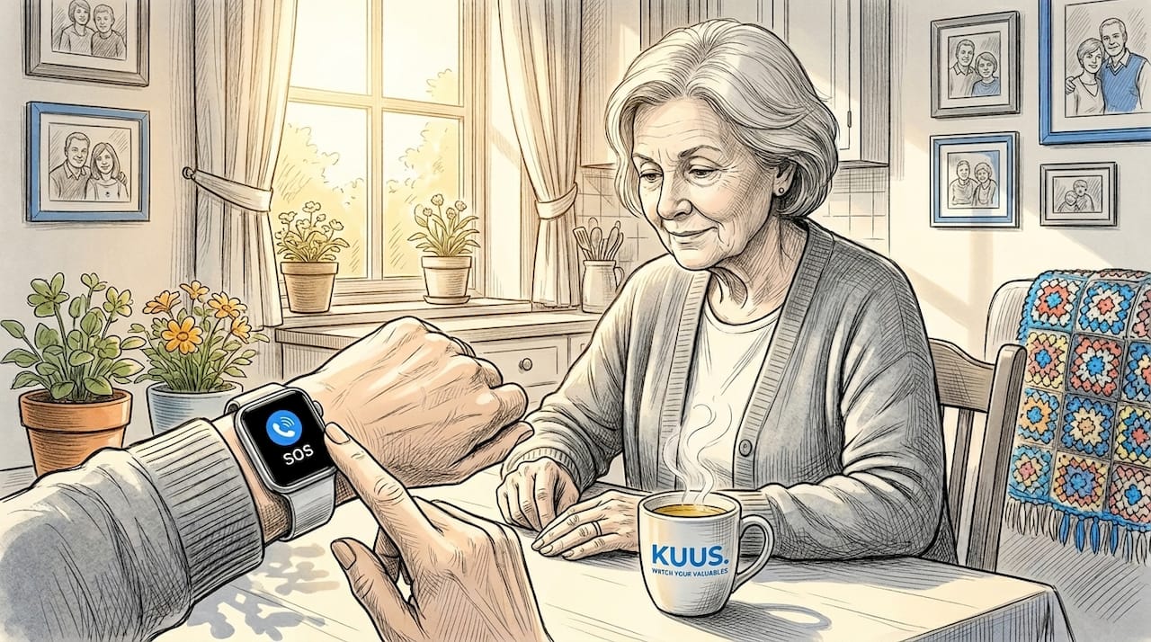Senior woman using smartwatch SOS alert at table