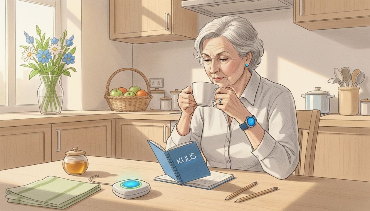 Een oudere dame zit in haar woonkamer, met een SOS-horloge om haar pols.