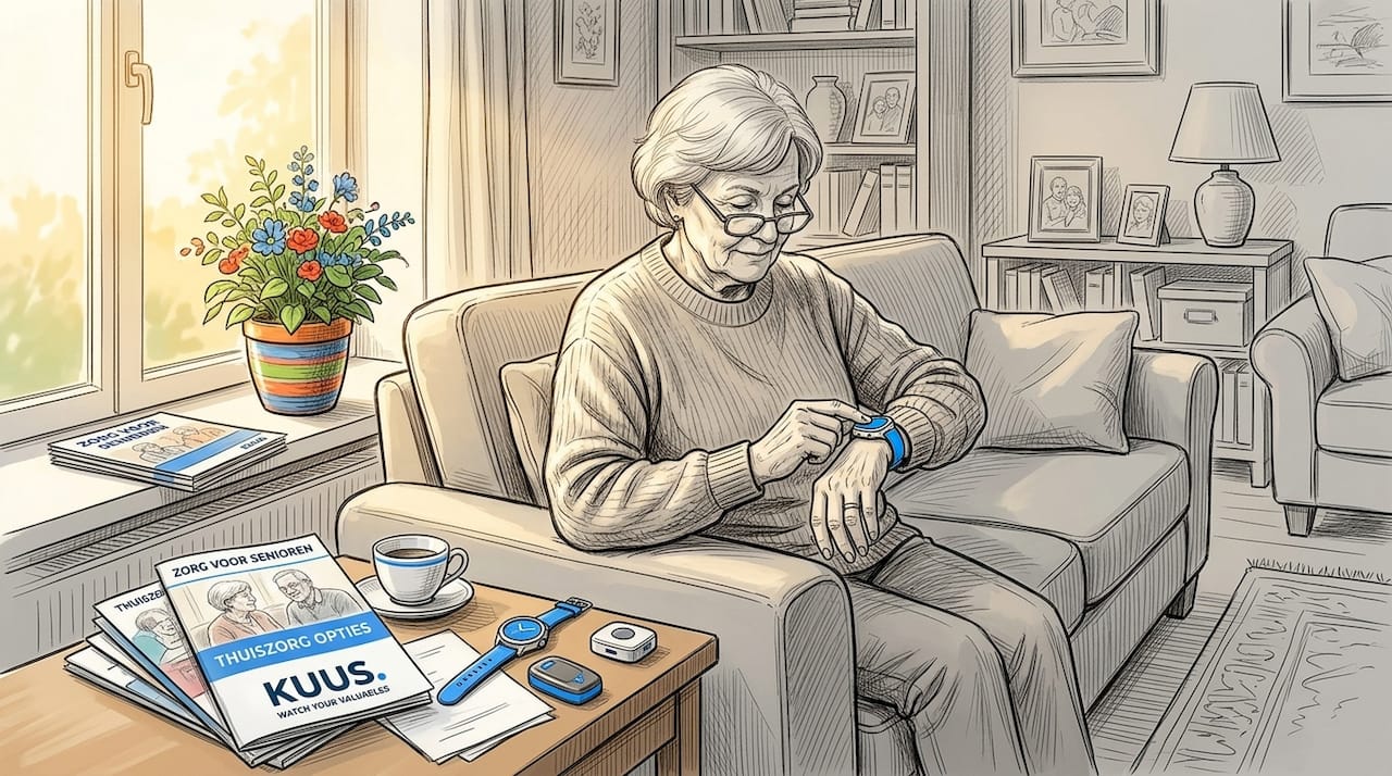 Een oudere dame maakt thuis gebruik van slimme zorgtechnologie.