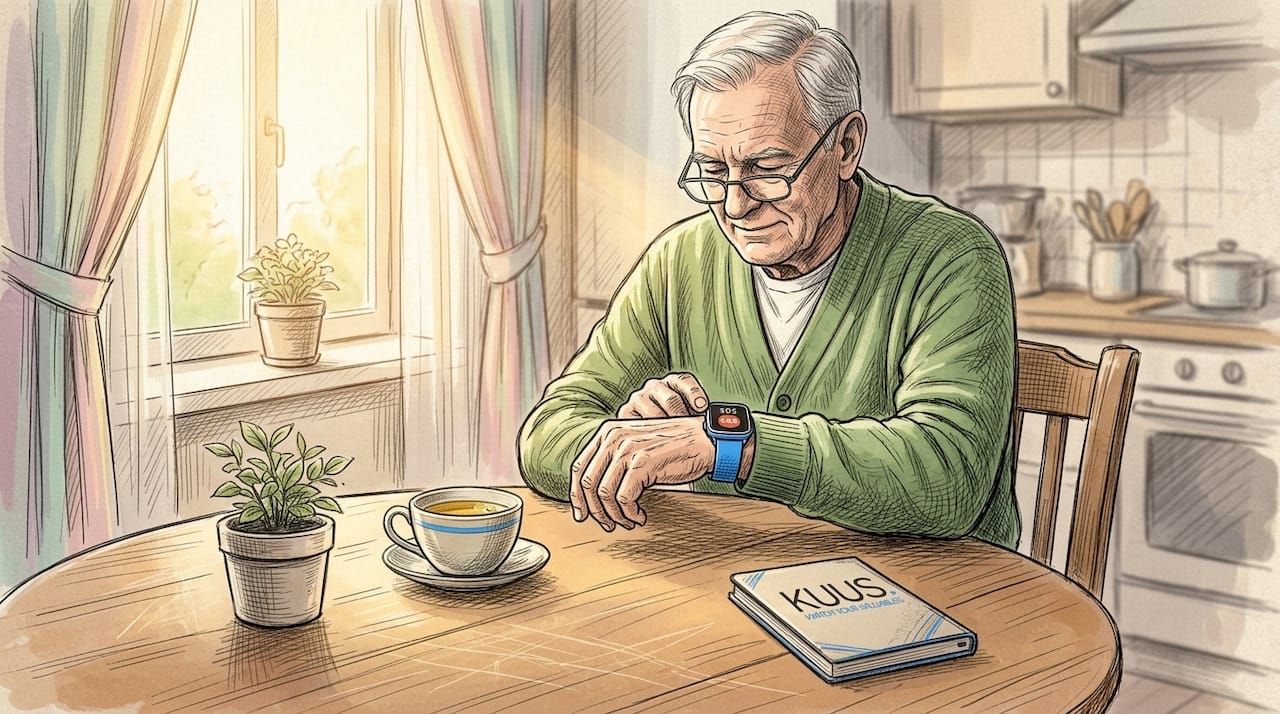 Senior man checks smartwatch alarm