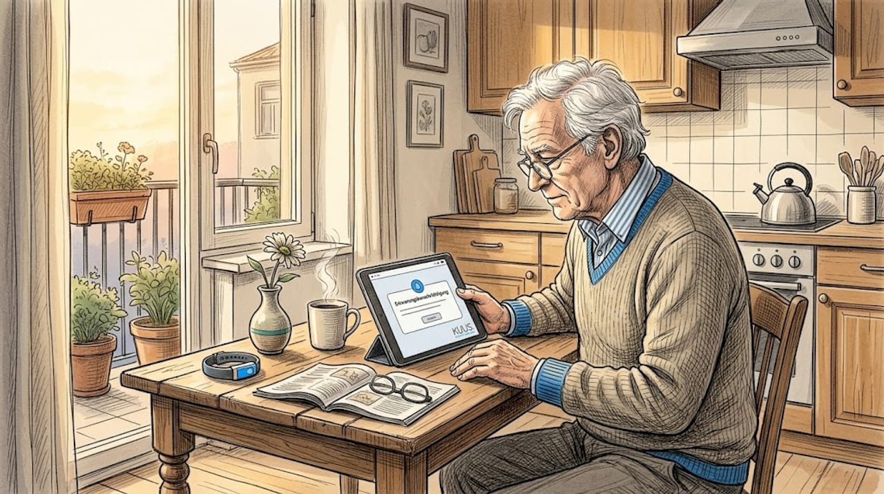Ein älterer Herr sitzt am Küchentisch und bedient ein digitales Pflegeportal.