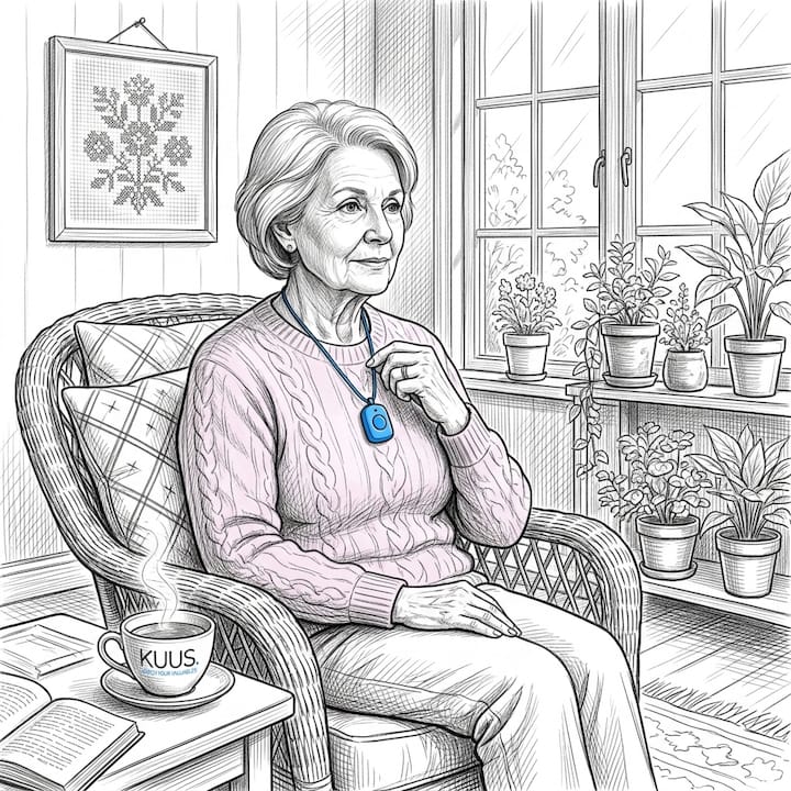 Senior woman pressing wearable alarm in living room
