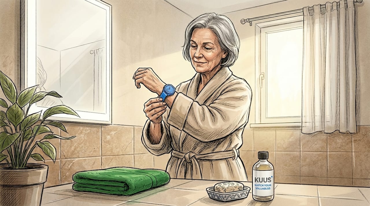 Senior woman adjusting alarm watch in bathroom
