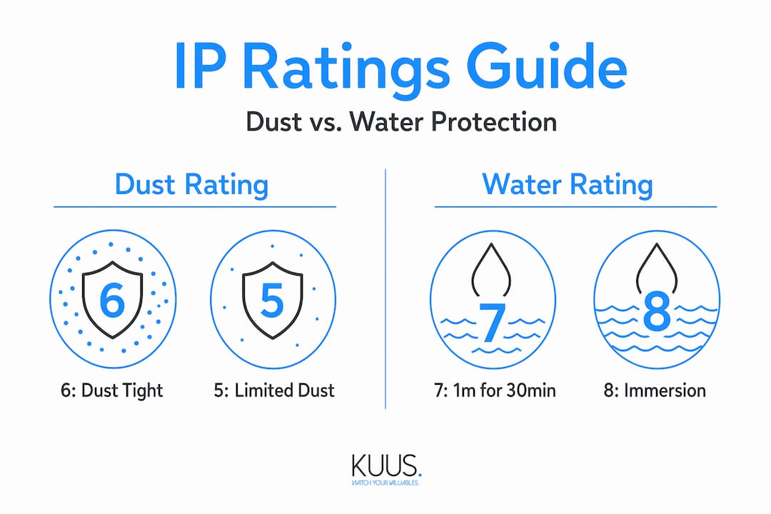 Infographic comparing dust and water resistance IP ratings