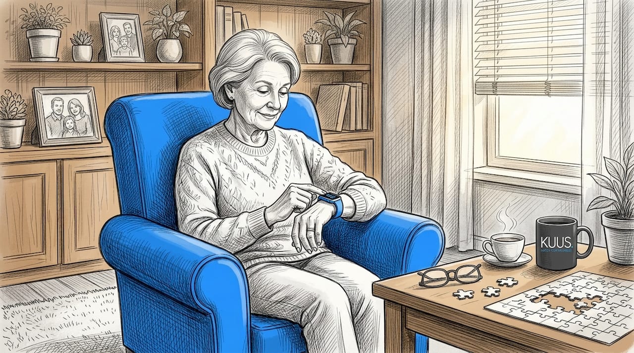 Senior woman checking smartwatch in her living room