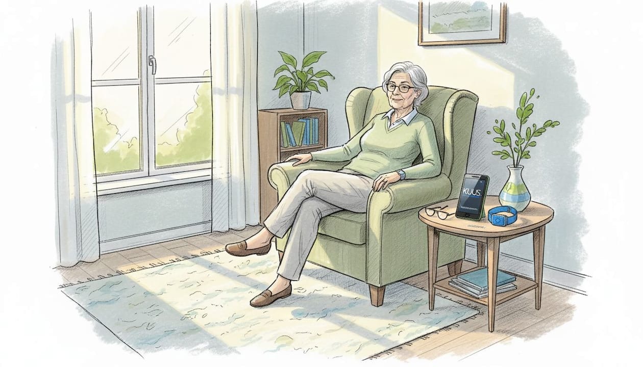 Ältere Dame sitzt im Wohnzimmer, ausgestattet mit Hausnotruf und verschiedenen Alltagshilfen.