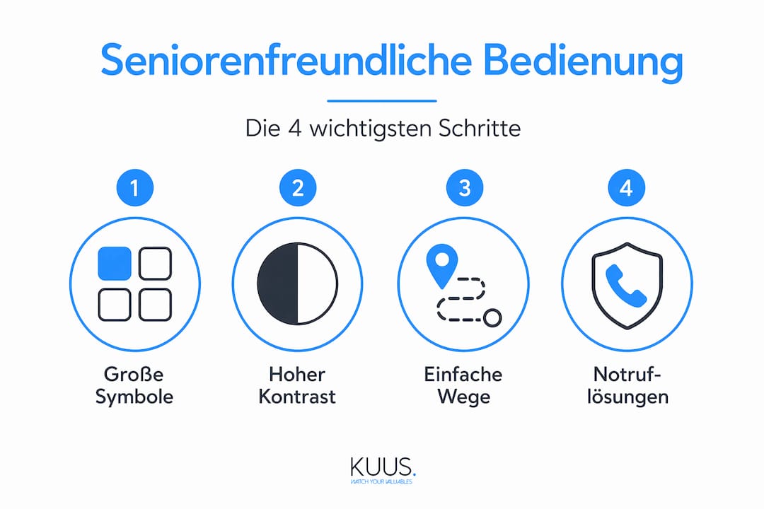 Grafische Übersicht: So gestalten Sie Bedienoberflächen seniorenfreundlich – die vier wichtigsten Schritte auf einen Blick