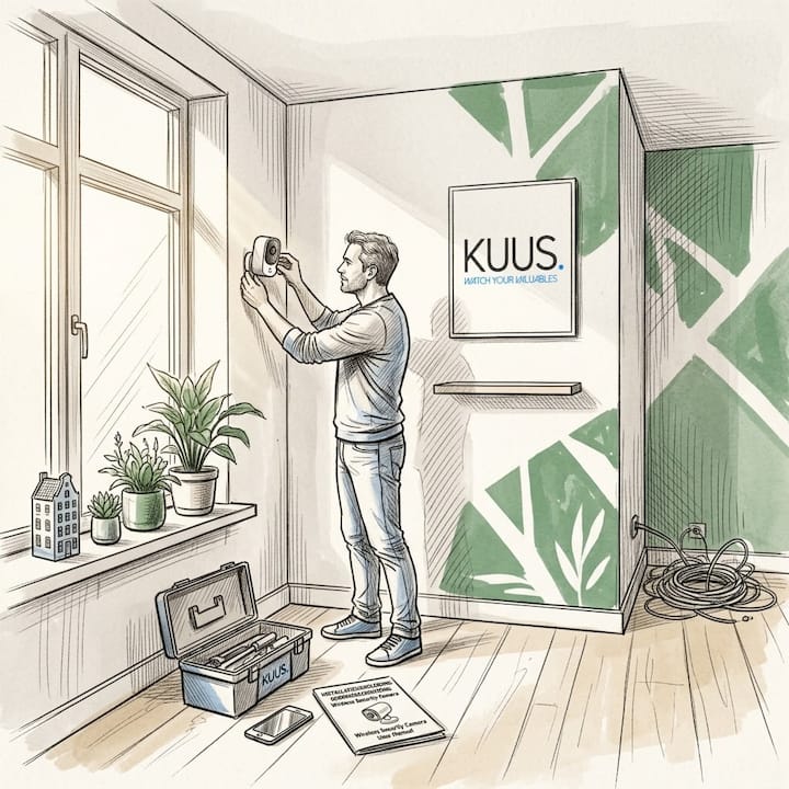 Man plaatst nieuwe beveiligingscamera in de gang van zijn woning