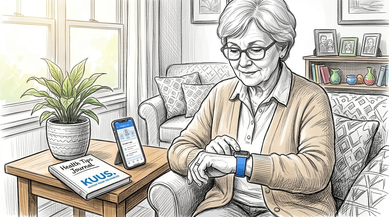 Senior checks smartwatch in living room