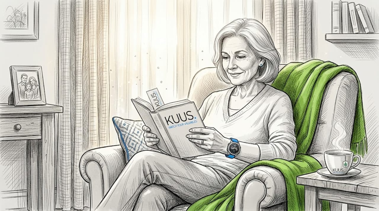 Senior woman reading with GPS alarm watch in living room