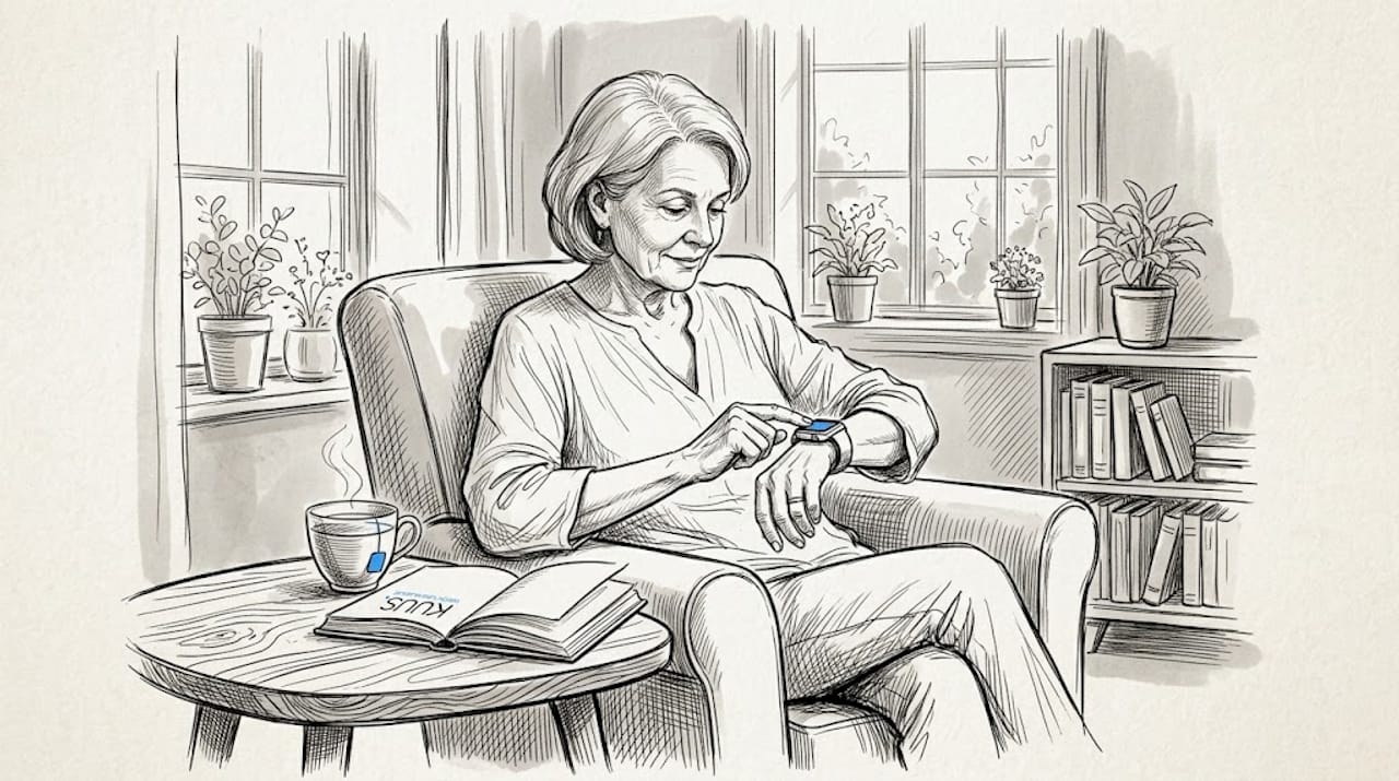 Eine ältere Dame testet ihre GPS-Uhr gemütlich im Wohnzimmer.