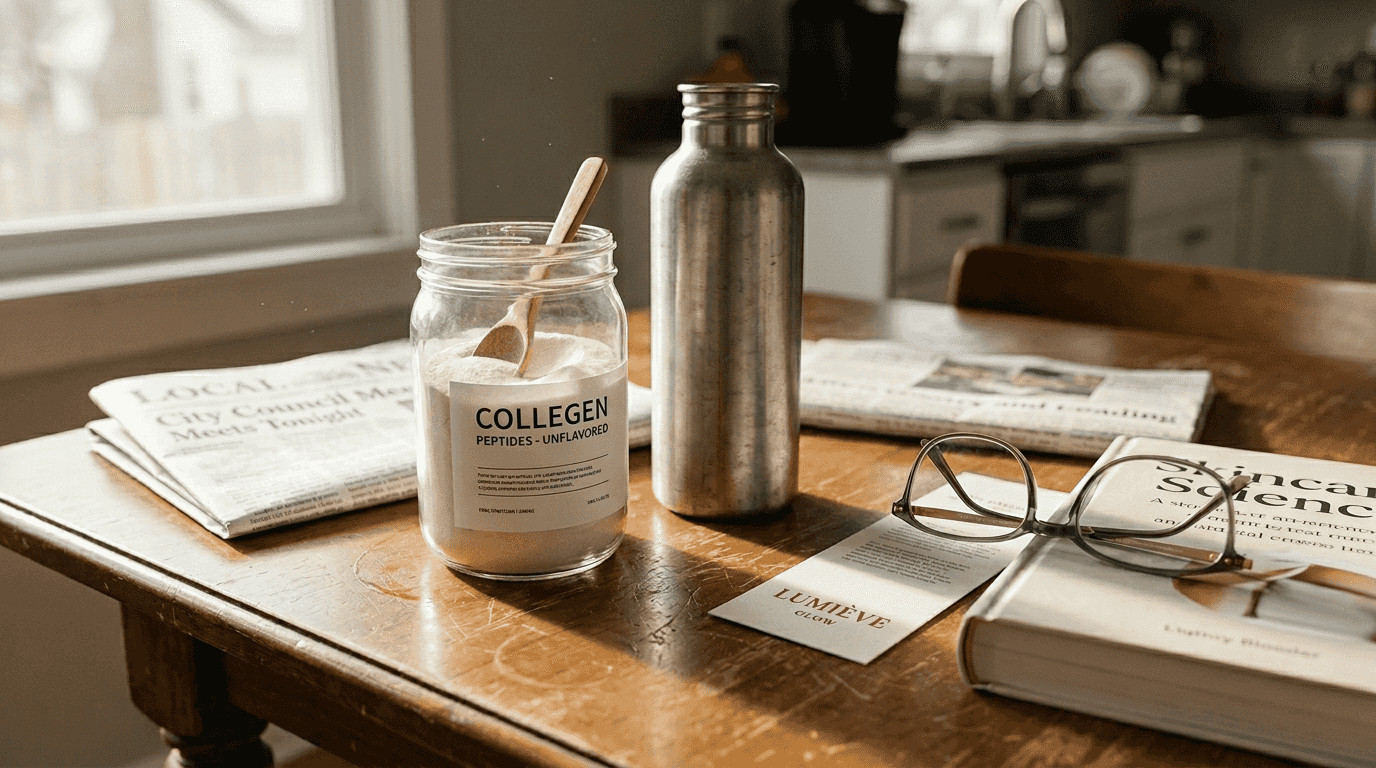 Collagen supplement jar on kitchen table