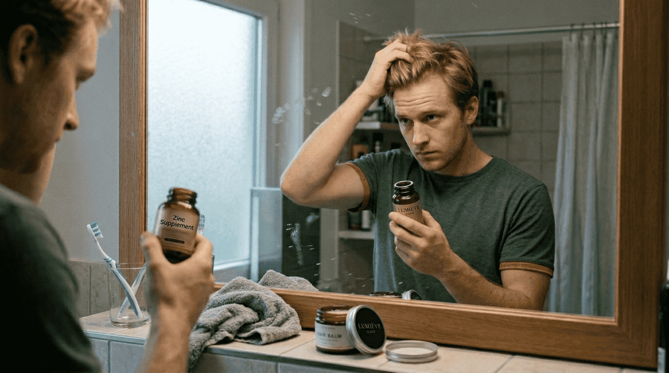 Man checking zinc supplement for hair