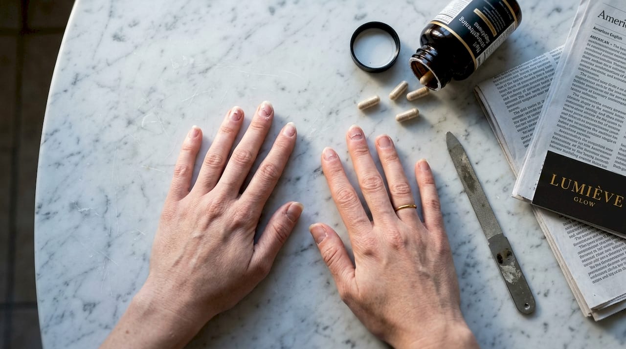 Close-up of chipped nails and supplement bottle