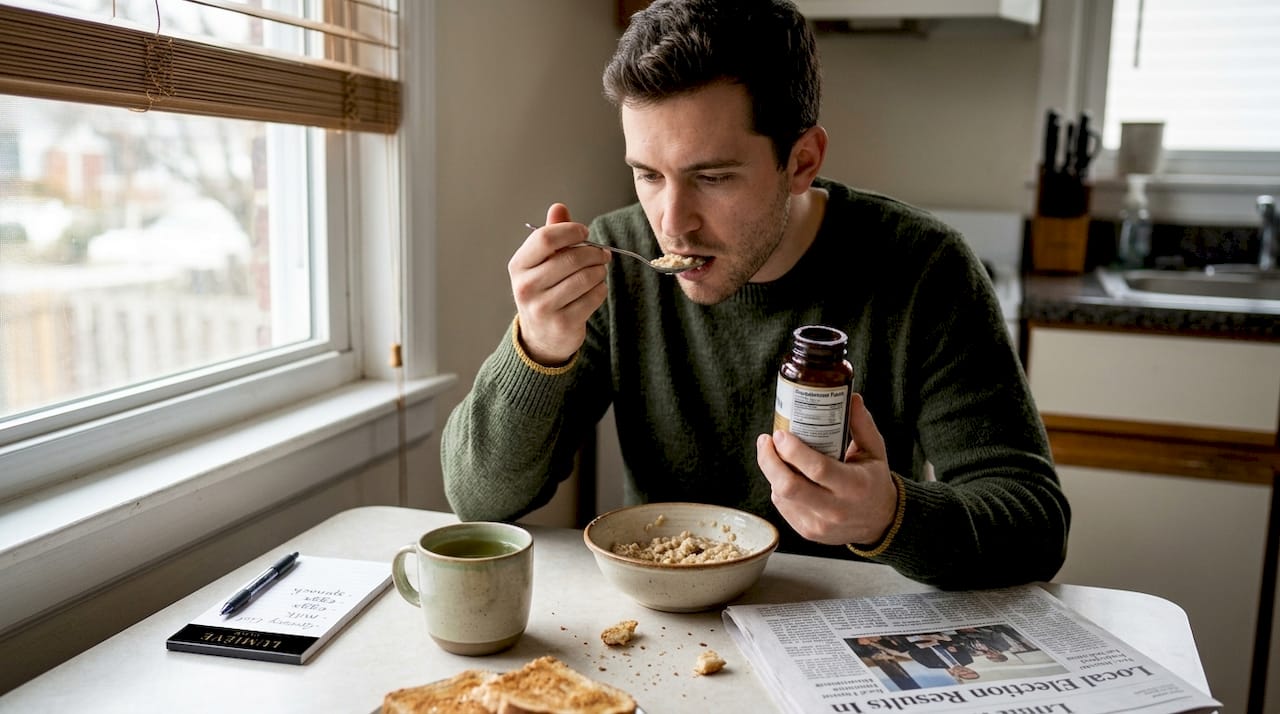 Man holding biotin bottle at breakfast table