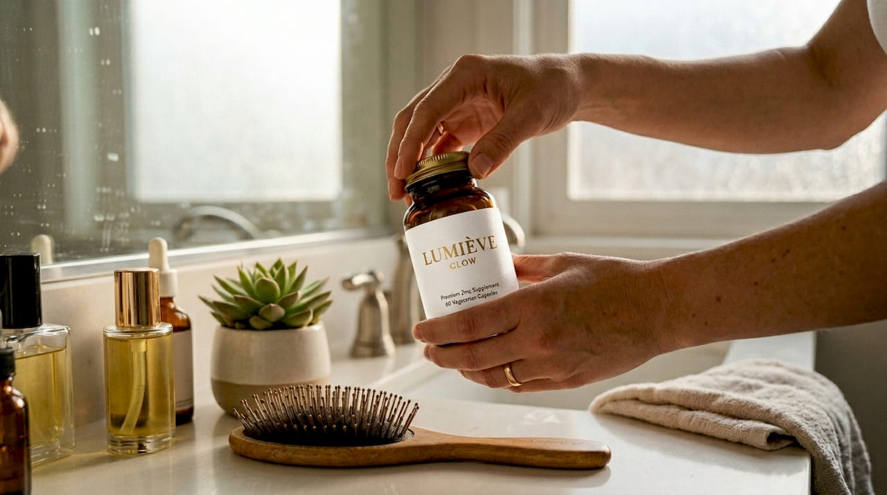 Hands opening zinc vitamin supplement at bathroom sink