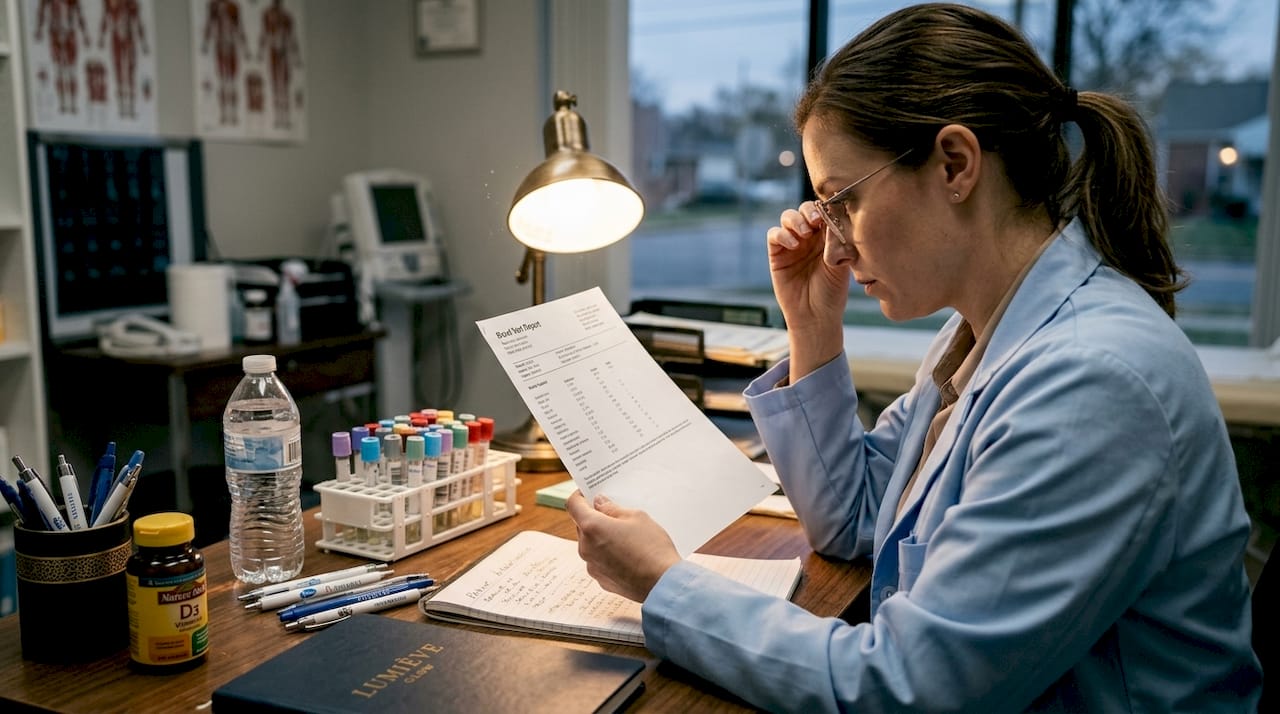 Lab technician reviewing blood test results