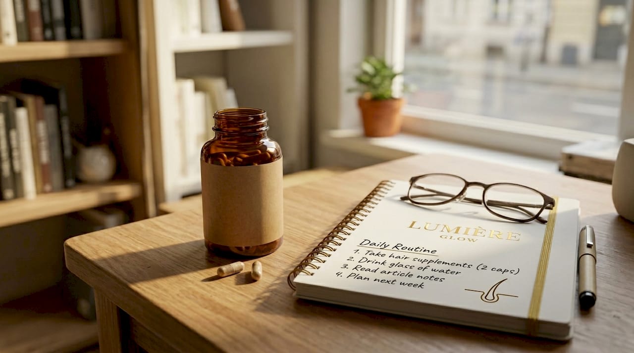 Hair growth supplement bottle on cluttered desk