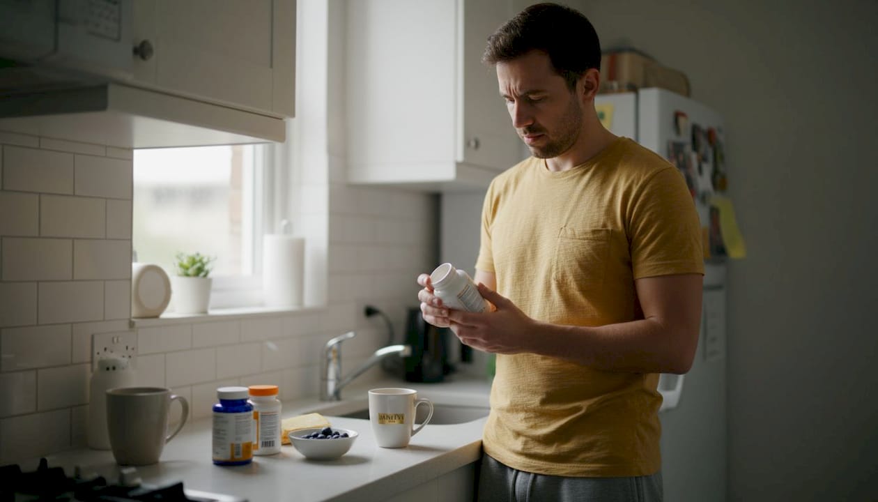 Man reading vitamin label in kitchen