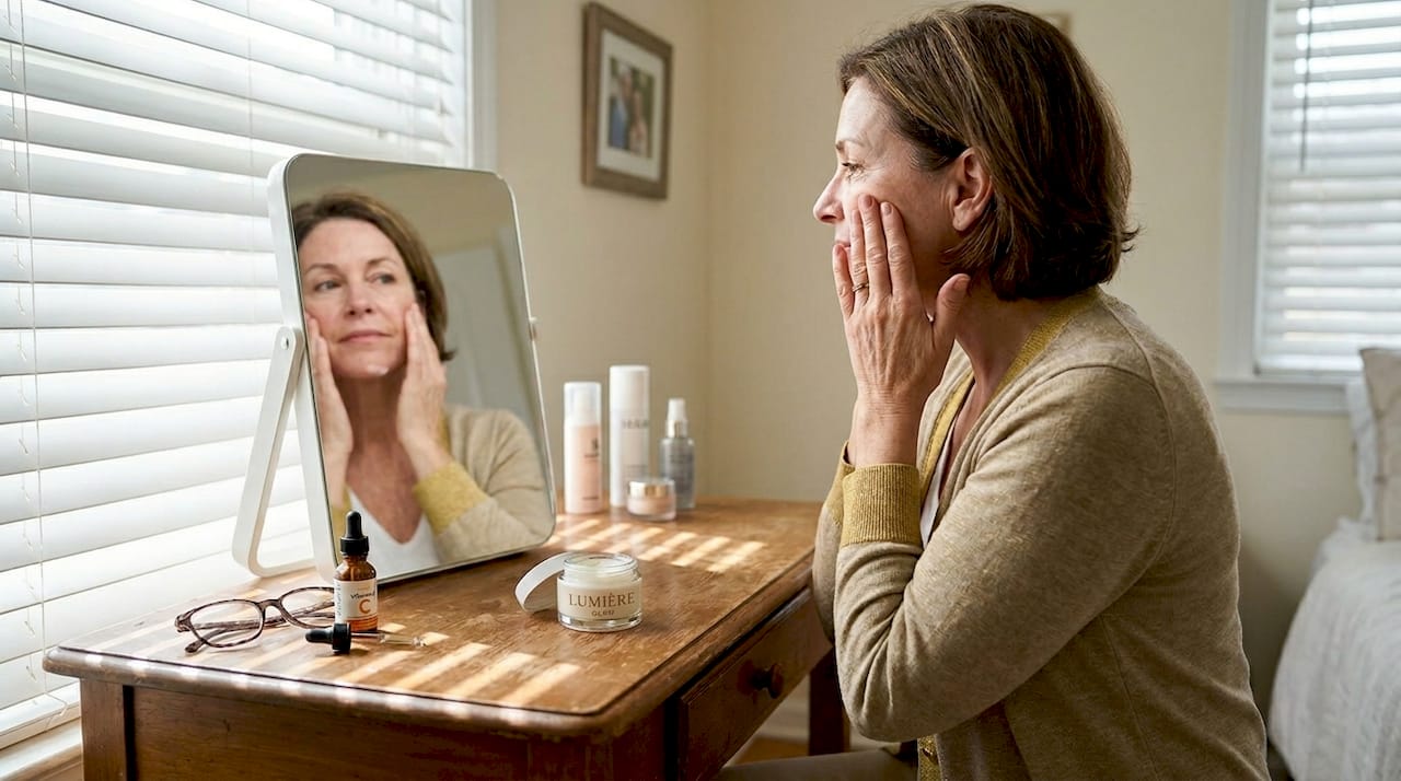Middle-aged woman doing daily skin care