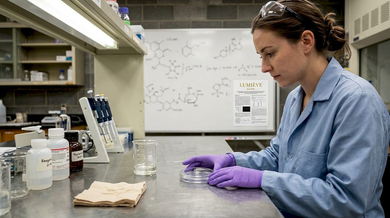 Lab technician examines hyaluronic acid sample