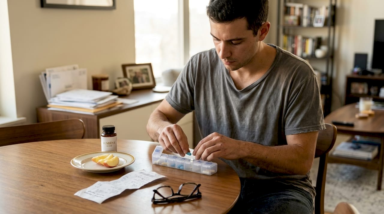 Man setting up supplement plan at table