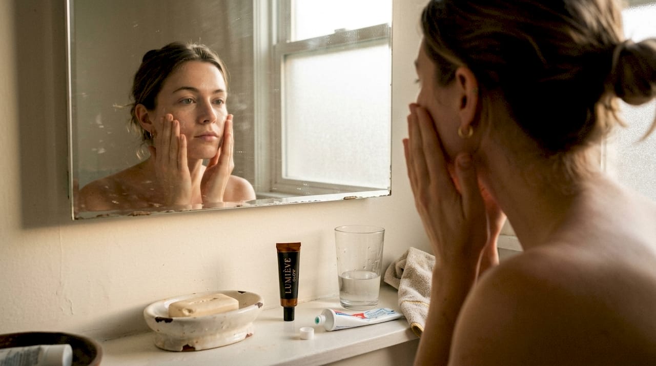 Woman applying skincare at bathroom mirror